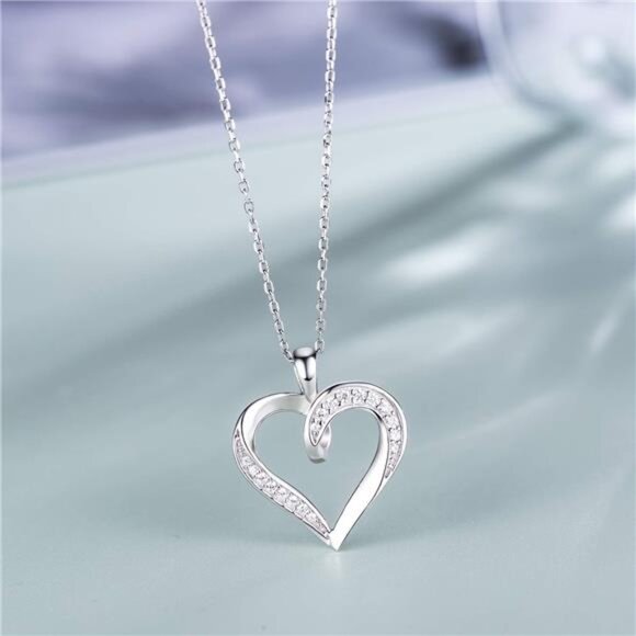 Silver Love Heart Necklace 925 Sterling Silver Platinum Plated Round - Picture 6 of 7